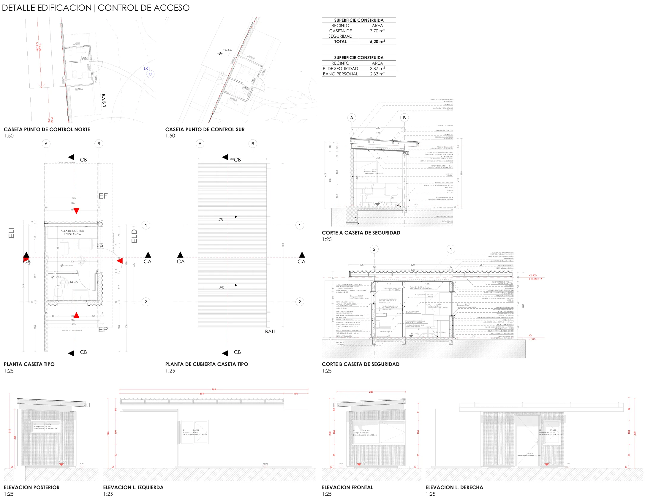 La Castrina: plan maestro y proyecto detonante — Casetas de seguridad: plantas, cortes y elevaciones