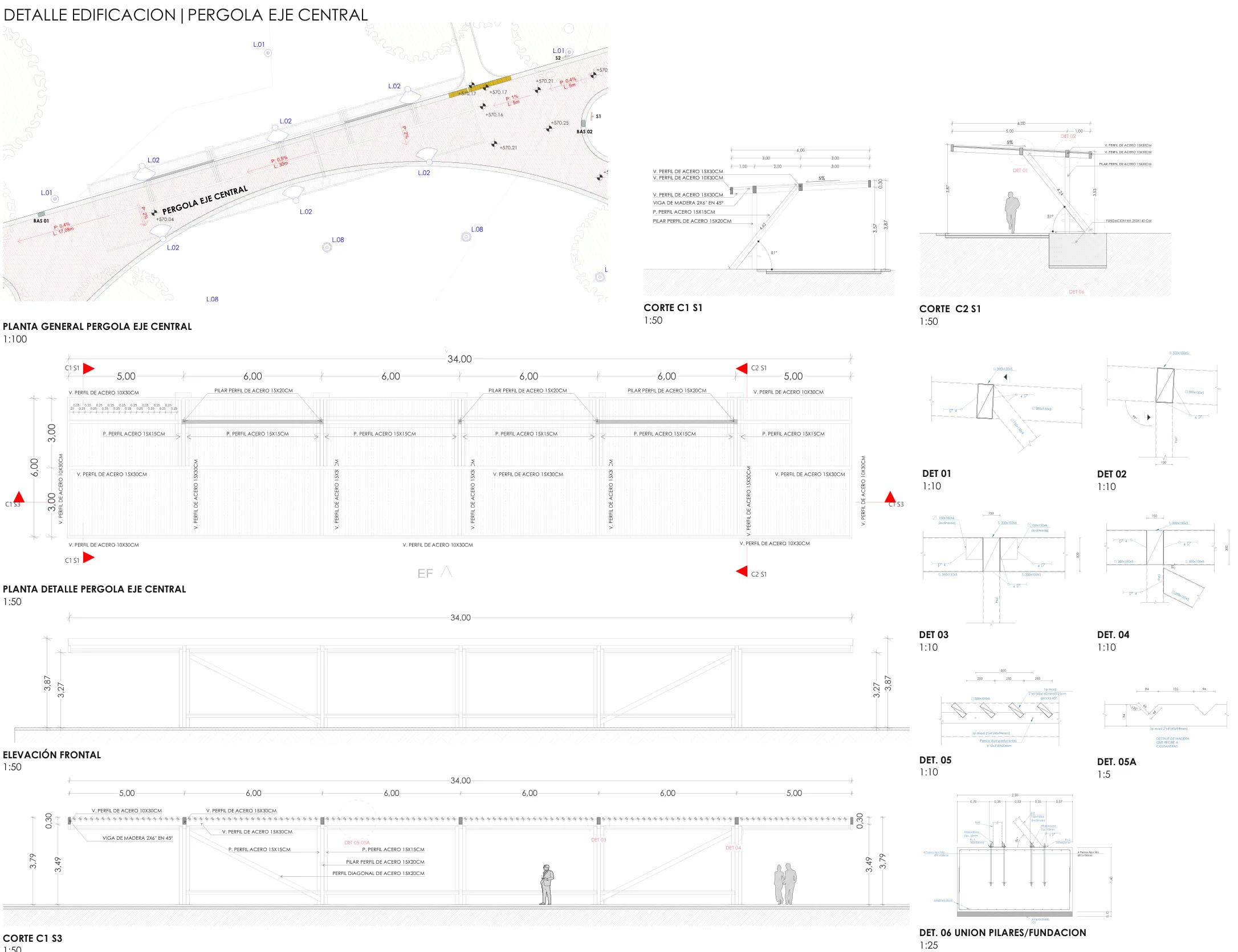 La Castrina: plan maestro y proyecto detonante — Pérgola del eje central: planta, elevaciones y detalles