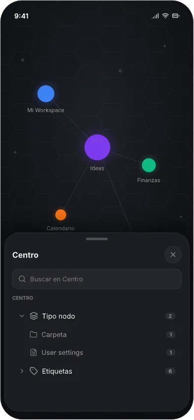 Lumio: workspace en nodos — Centro: búsqueda y navegación por nodos