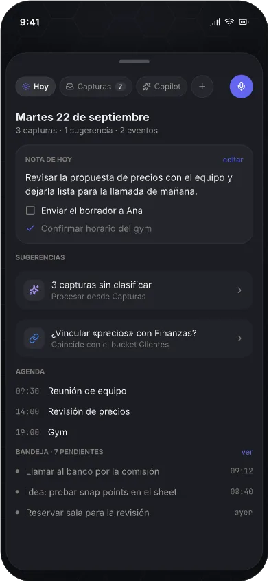 Lumio: workspace en nodos — Hoy: agenda, notas y capturas rápidas