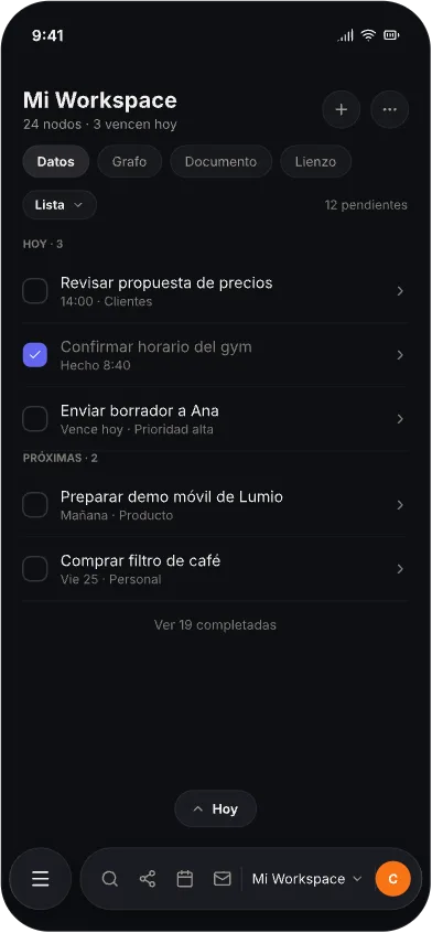Lumio: workspace en nodos — Workspace: nodos jerárquicos en lista