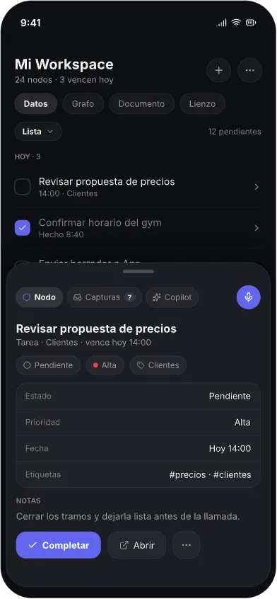 Lumio: workspace en nodos — Ficha de nodo: tareas, fechas y etiquetas